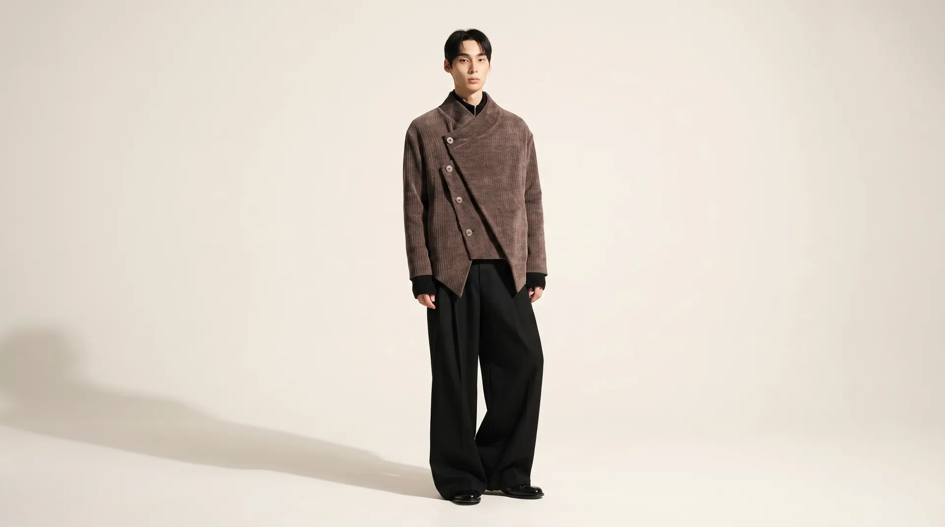 Asymmetric Corduroy Wrap Jacket Brown 1